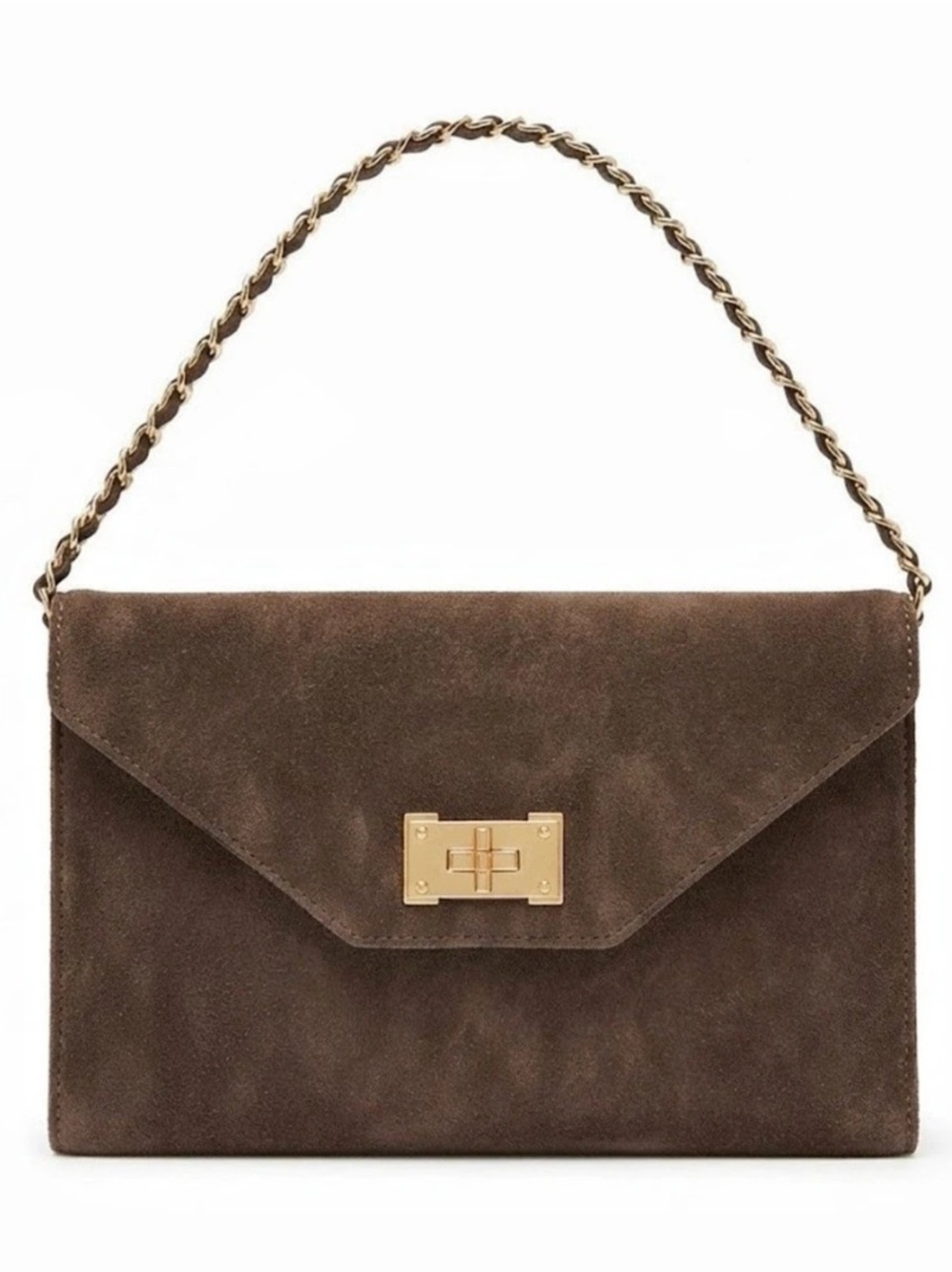 Courage B Genuine Leather Taupe Brown Suede Envelope Crossbody Bag with Gold Cha